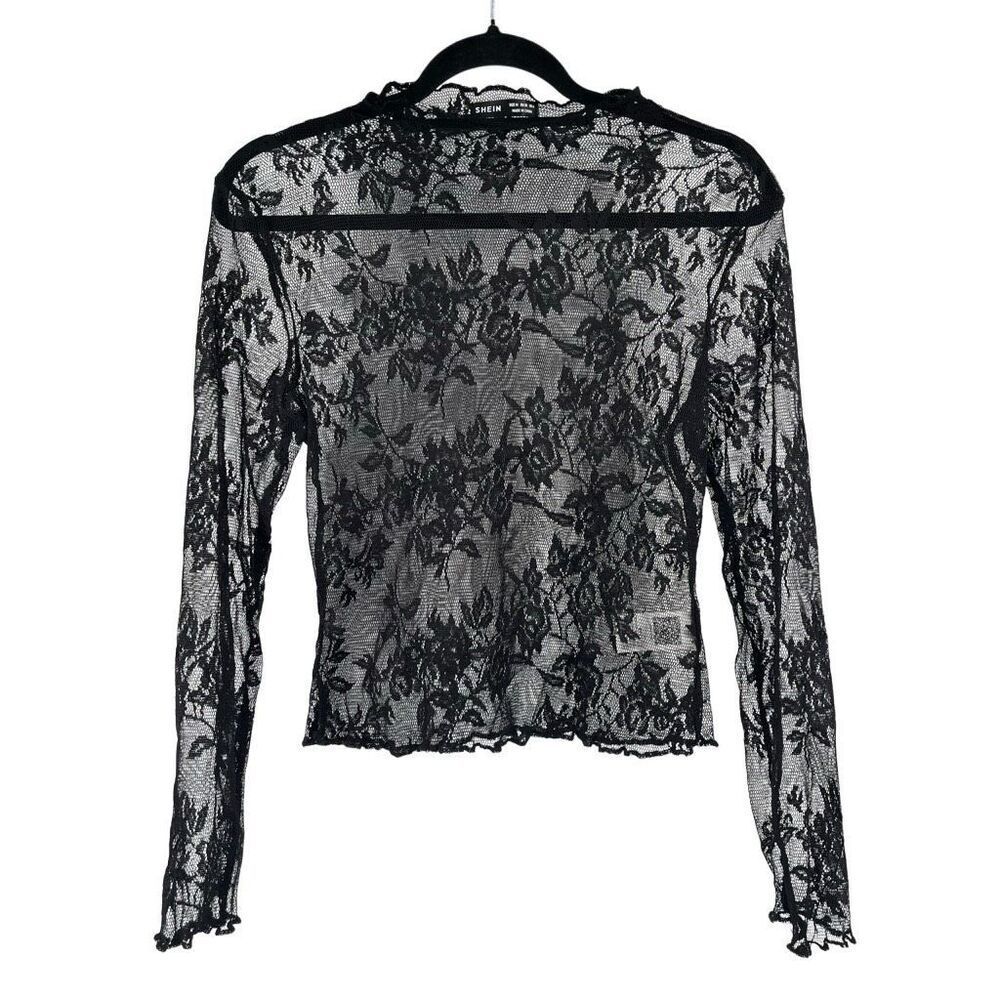 SHEIN Medium Black Sheer Floral Lace Layering Top Scalloped Mesh Y2K - Picture 3 of 13